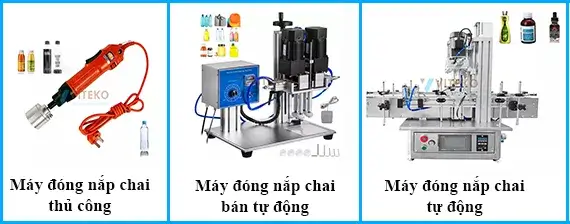 các loại máy đóng nắp chai: máy đóng nắp chai thủ công, máy đóng nắp chai tự động, máy đóng nắp chai bán tự động