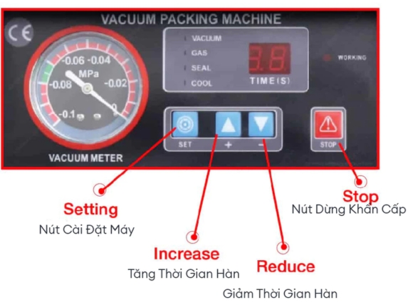 Các nút điều chỉnh của máy hút chân không hàn miệng túi