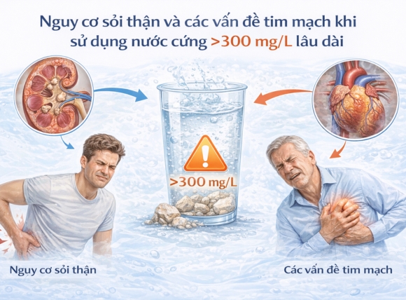 Nguy cơ sỏi thận và các vấn đề tim mạch khi sử dụng nước cứng >300 mg/L lâu dài