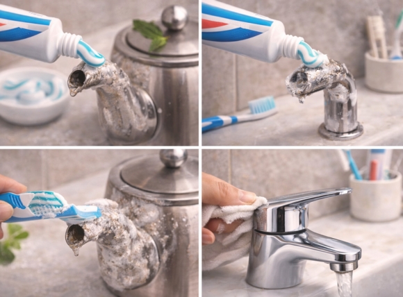 Dùng kem đánh răng cho vết cặn trên inox và vòi nước nhỏ