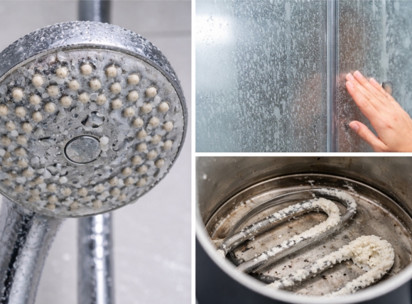 Cặn trắng trên vòi sen, vách kính và thiết bị nhiệt