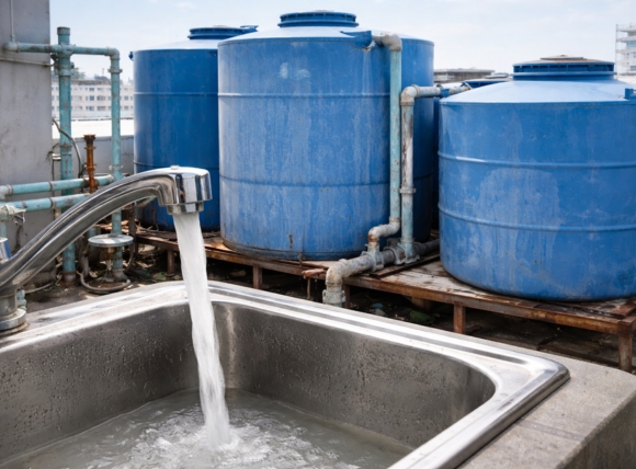 Nước máy từ bể chứa tập thể không được xử lý độ cứng triệt để