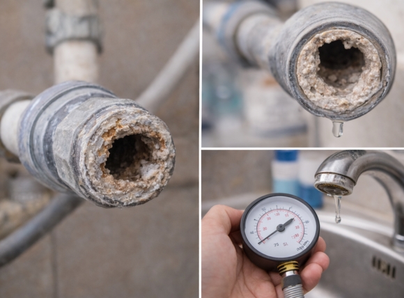 Dấu hiệu 7: Đường ống nước đóng cặn, áp lực nước giảm rõ rệt