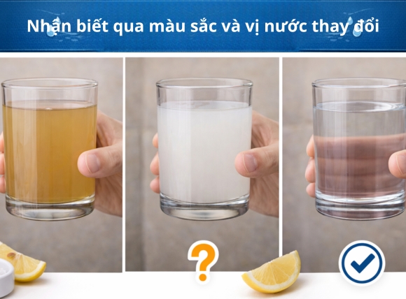 Nhận biết qua màu sắc và vị nước thay đổi