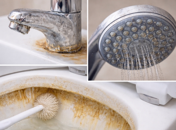 Quan sát bằng mắt thường qua các mảng bám cứng đầu trên thiết bị vệ sinh