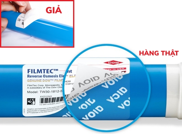 Phân biệt màng lọc RO qua dòng chữ VOID bên dưới tem sản phẩm