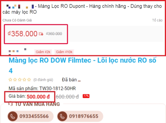 Phân biệt màng lọc RO dựa trên giá thị trường
