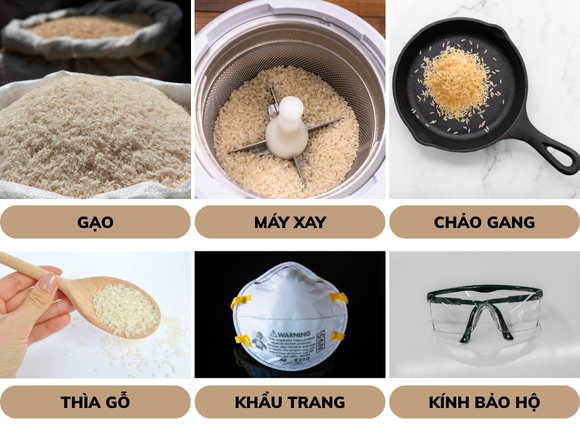 Tổng hợp các dụng cụ và nguyên liệu cần chuẩn bị để làm than hoạt tính từ gạo