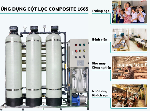 Hệ thống cột lọc nước composite 1665 trong trường học, bệnh viện, nhà máy công nghiệp, nhà hàng, khách sạn,…